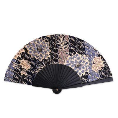 Silk batik fan, 'Blue Poppies'