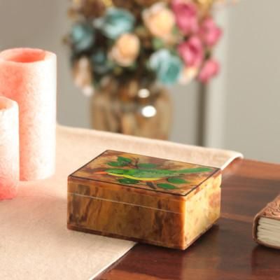 'Hand-Painted Bird-Themed Natural Soapstone Box Made in India'