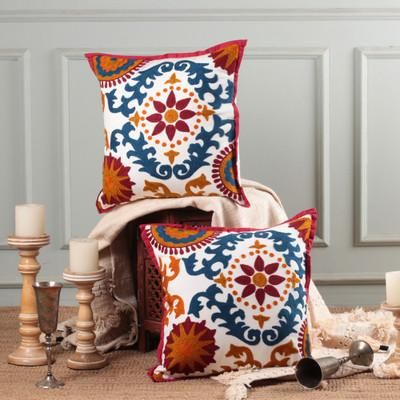 Floral Fest,'Pair of Cotton Cushion Covers with Floral Acrylic Embroidery'