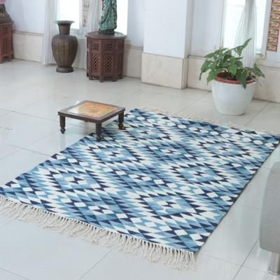 'Diamond-Patterned Blue-Toened 100% Wool Dhurrie Rug (4x6)'