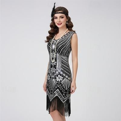Set Anni Ruggenti Anni 1920 Lunghezza al ginocchio Lunghezza corta Vestito Abito Flapper Abiti con accessori Senza maniche Il grande Gatsby Invitato al matrimonio Paillettes Frangia con nappe