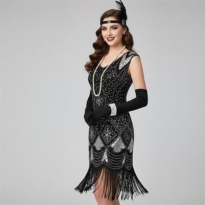 Set Anni Ruggenti Anni 1920 Lunghezza al ginocchio Abito Flapper Abiti Set di accessori con accessori Senza maniche Il grande Gatsby Invitato al matrimonio Paillettes Frangia con nappe Paillettes