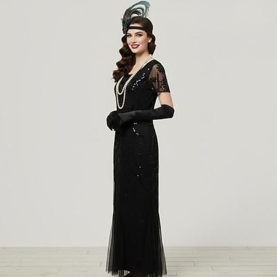 Set Anni Ruggenti Anni 1920 Lunghezza alla caviglia Vestito Abito da sera Abiti con accessori Maniche corte Il grande Gatsby Charleston Invitato al matrimonio Piuma Scollo a V Costume Per donna