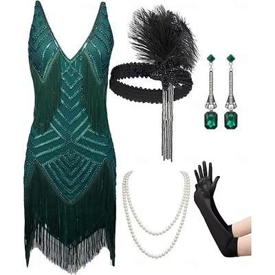 Set Anni Ruggenti Anni 1920 Mini Vestito Abito Flapper Abiti con accessori Senza maniche Il grande Gatsby Charleston Paillettes Frangia con nappe Piuma Scollo a V profondo Costume Per donna Carnevale