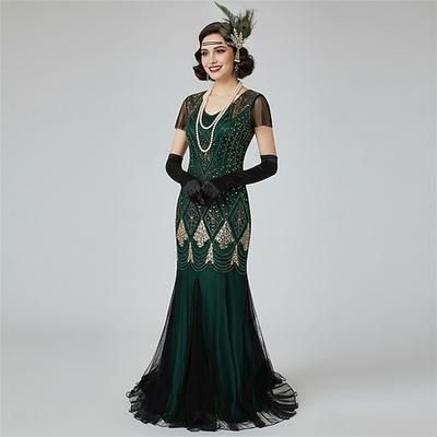 Set Anni Ruggenti Anni 1920 Lunghezza al pavimento Vestito Abito da sera Abiti con accessori Maniche corte Il grande Gatsby Invitato al matrimonio Paillettes Scollo a V Costume Per donna Festa serale
