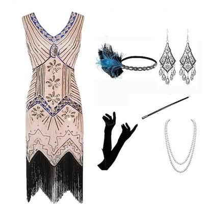 Set Anni Ruggenti Anni 1920 Lunghezza al ginocchio Lunghezza corta Vestito Abito Flapper Abiti con accessori Senza maniche Il grande Gatsby Invitato al matrimonio Paillettes Frangia con nappe