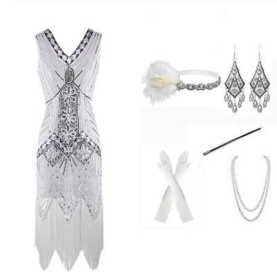 Set Anni Ruggenti Anni 1920 Lunghezza al ginocchio Lunghezza corta Vestito Abito Flapper Abiti con accessori Senza maniche Il grande Gatsby Invitato al matrimonio Paillettes Frangia con nappe