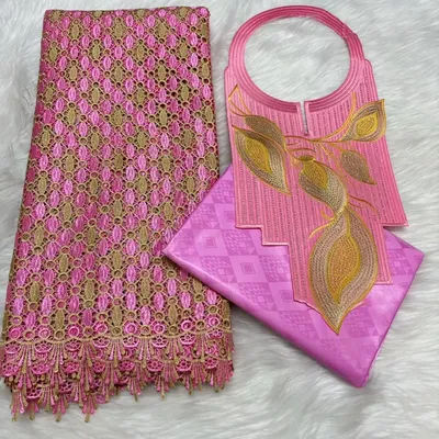 Latest 2.5yards Nigerian Embroidery Cord Guipure Lace Fabric with 2.5yards Bazin Fabric with 1 Collar for Party Dress M5-622-3