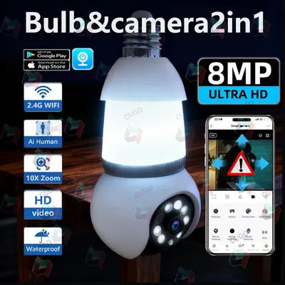 Caméra sans fil E27 avec ampoule LED 8MP, surveillance IP WiFi, caméra PTZ avec audio bidirectionnel, suivi intelligent AI et alarme, moniteur HD