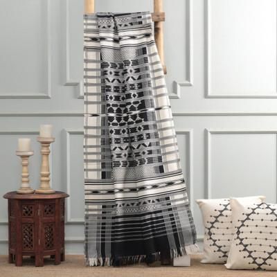 Classic Elegance,'Black and White Handwoven Cotton Throw with Geometric Theme'