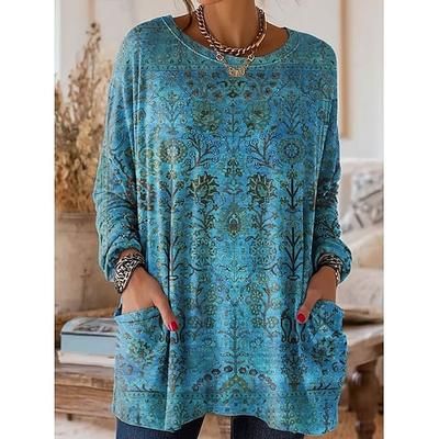 Per donna Maglietta Floreale Grafico Piante Vintage Moda Elegante Manica Lunga Girocollo Top Regolari Quotidiano Uscire Weekend Tasca Stampato Blu Rosso Viola Verde Cachi Primavera Autunno Inverno