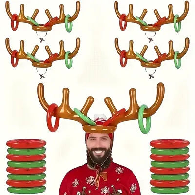 1 Set Inflatable Reindeer Horn Game with 1 Horn and 4 Rings, Fun Family Party Toss Game, Great Holiday Party Favors and Supplies