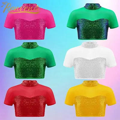 Enfants brillant paillettes hauts à manches courtes T-shirt T-shirts pour filles col montant maille épice Hip-hop Jazz danse haut court Costume