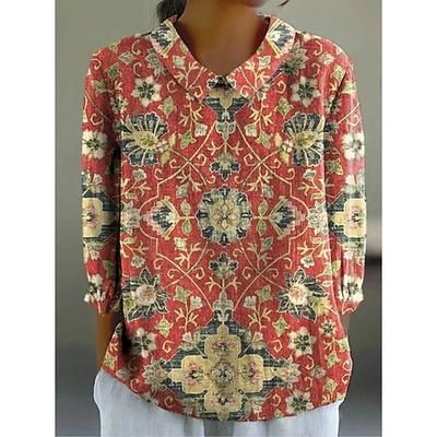 Per donna Camicia Bottoni Stampato Grafico Geometrico Bohemien Vintage Tropicale Manica Lunga Colletto a Camicia Top Regolari Quotidiano Bianco e blu Arancione Verde Cachi Estate Primavera Autunno