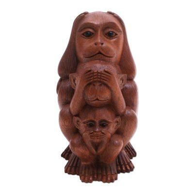 Three Monkey Sages in Brown,'Three Wise Monkeys Brown Hand Carved Wood Statuette'