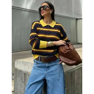HH femmes tendance décontracté rayé tricoté pull pull revers à manches longues pull chemise printemps mode haute rue dame Chic hauts
