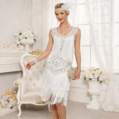 Anni Ruggenti Anni 1920 Lunghezza al ginocchio Vestito Nozze Addio al celibato Senza maniche Il grande Gatsby Charleston Invitato al matrimonio Paillettes Frangia con nappe Scollo Tondo Costume Per
