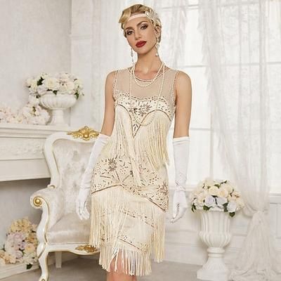 Anni Ruggenti Anni 1920 Lunghezza al ginocchio Vestito Nozze Addio al celibato Senza maniche Il grande Gatsby Invitato al matrimonio Paillettes Frange Scollo Tondo Costume Per donna Natale Carnevale