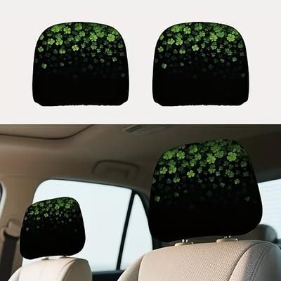 Copri poggiatesta per auto con trifoglio verde, 2 pezzi adatti a tutti i veicoli, neri stampa trifoglio verde, design piatto 2D, poliestere, facile da installare - accessori auto per il giorno di