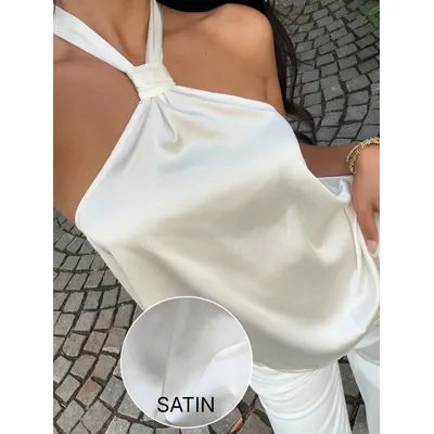 Camisole d'été sans manches en satin blanc pour femme, à ourlet classique et couleur unie, haut épaules dénudées