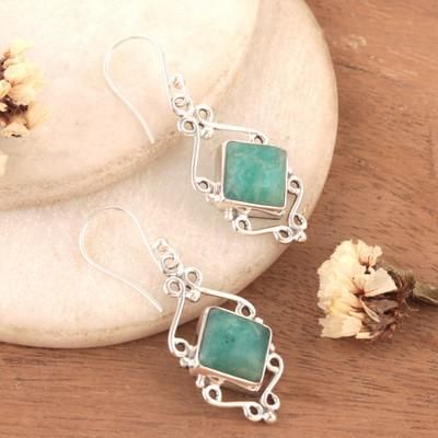 'Geometric-Inspired Green Amazonite Cabochon Dangle Earrings'