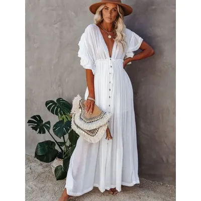 Couverture pour femmes, couleur unie, col en v, Kimono, robes de plage, Bikini, longue tunique blanche, vêtements élégants pour femmes, vêtements de plage, maillot de bain