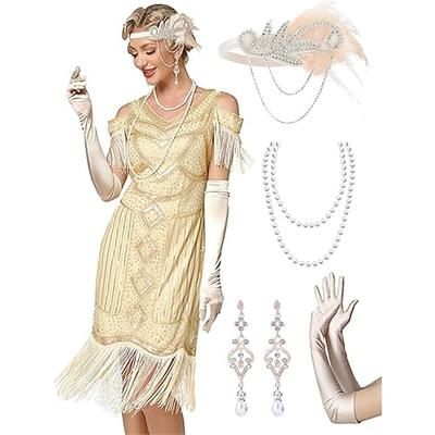 Set Anni Ruggenti Anni 1920 Lunghezza al ginocchio Vestito Nozze Addio al celibato con accessori Spalle scoperte Maniche corte Il grande Gatsby Charleston Paillettes Frangia con nappe Piuma Scollo a V