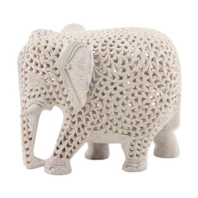 Expecting Elephant,'Natural Soapstone Jali Sculpture of an Elephant Mom'