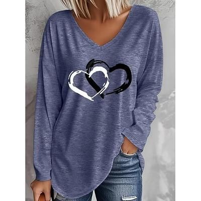 San Valentino Per donna Maglietta Stampato Cuore Grafico Vintage Elegante Classico Manica Lunga Scollo a V Top lunghi Quotidiano Blu Verde Primavera Autunno