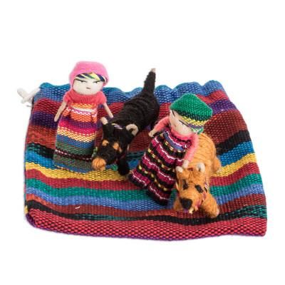 Loyal Companions,'Set of 2 Handmade Cotton Worry Dolls and Dogs from Guatemala'