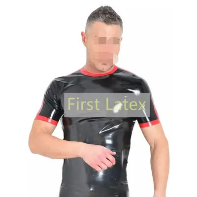 Natural Latex Men's Short Sleeves T-Shirt Sexy Gummi Rubber Top Men Latex Polo Shirt With Red Trim Gummi Latex Male Blouse