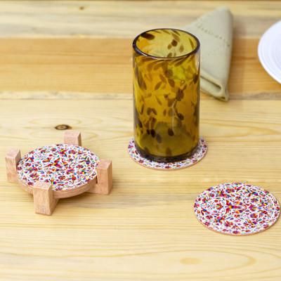 'Decoupage Bird-Themed 7-Piece Pinewood Coaster and Stand Set'
