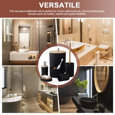 6 PCS Bathroom Accessories Set Bamboo Black Bathroom Set with Trash Can Toothbrush Holder Soap Dispenser Toilet Brush