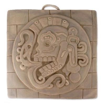 'Beige Chichen Itza Skull' - Ceramic Wall Plaque Maya Replica Mexico