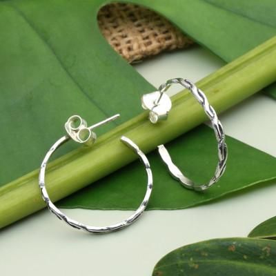 'Polished and Oxidized Braided Pattern Half-Hoop Earrings'
