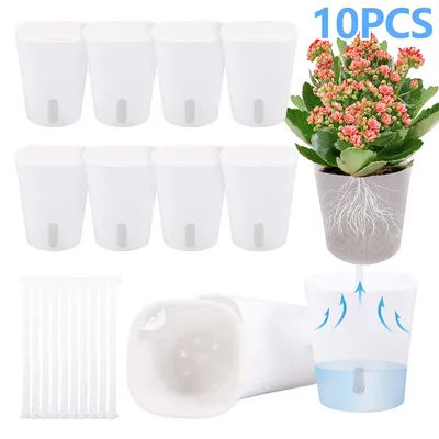 10 pots à fleurs auto-arrosants à double couche en plastique avec corde en coton et gobelet intérieur translucide, petit pot de jardin pour plantes
