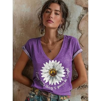 Per donna Maglietta Stampato Floreale Grafico Astratto Vintage Elegante Classico Manica Corta Scollo a V Top lunghi Quotidiano Blu Beige chiaro Rosa Viola Estate Primavera