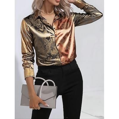Per donna Camicia Floreale Grafico Geometrico Vintage Elegante Moderno Manica Lunga Colletto a Camicia Top Regolari Quotidiano Ferie Nero Vino Oro Autunno Inverno