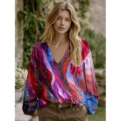 Per donna Camicia Stampato Grafico Astratto Elegante Bohemien Vintage Manica Lunga Scollo a V Top Regolari Quotidiano Ferie Blu Rosso Viola Verde Estate Primavera
