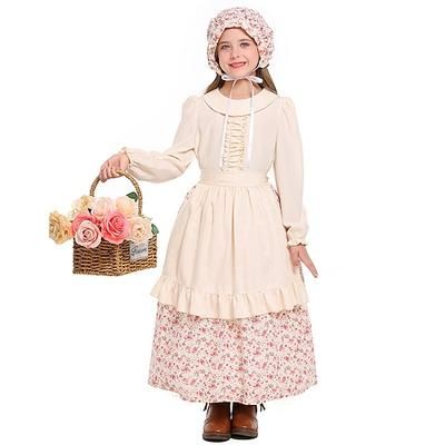 250° anniversario USA 19° secolo anni 1800 Abito da prateria Set cuffia e grembiule Lunghe Ragazza pioniera Coloniale Pioniere Guerra rivoluzionaria Stampa Floreale Costume Ragazze Halloween Carnevale