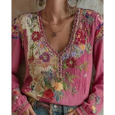 Per donna Camicia Camicia Boho Blusa Ricamato Floreale Grafico Bohemien Vintage Elegante Manica Lunga Scollo a V Top Regolari Quotidiano Ferie Uscire Rosa Estate Primavera