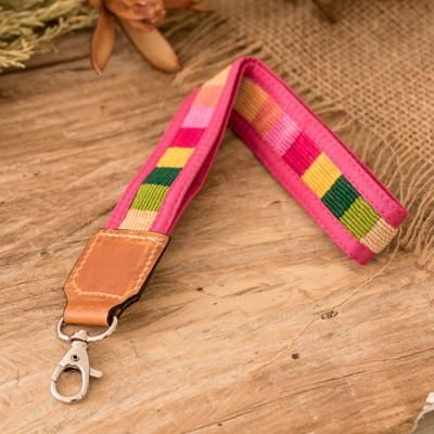 Colorful Charm,'Handwoven Pink Cotton Strap Keychain with Leather Accent'