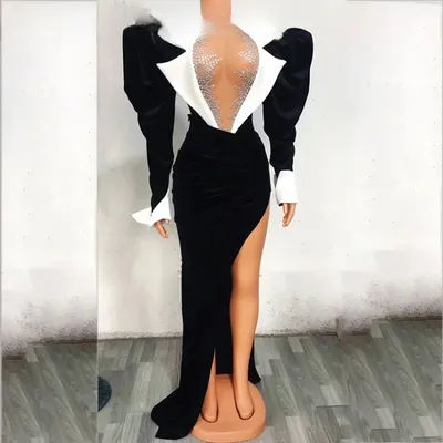 Long Tail Skirt Set Birthday Celebrate Dance Outfit Women Singer Evening Costume Sexy Black Velvet Big Sleeves 2Pcs Bodysuit