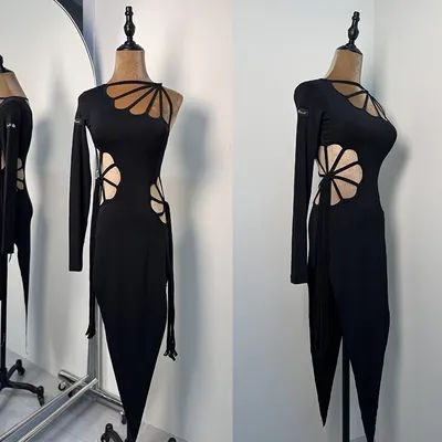 Sexy Latin Dance Dress Women Irregular Hollow Out Black Dress Rumba Tango Dance Performance Clothes Party Club Dress DNV25680