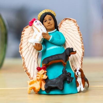 Angel with Dogs,'Ceramic Sculpture of Angel with Dogs Painted by Hand'