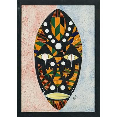 Festive Face,'Signed African Mask Cotton Batik Wall Art from Ghana'