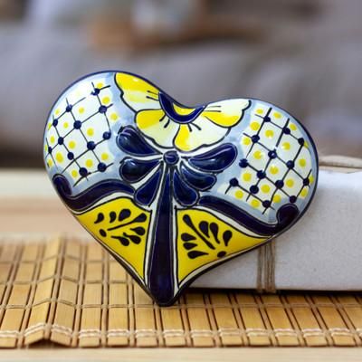 'Heart-Shaped Talavera Folk Art Style Ceramic Wall Sculpture'