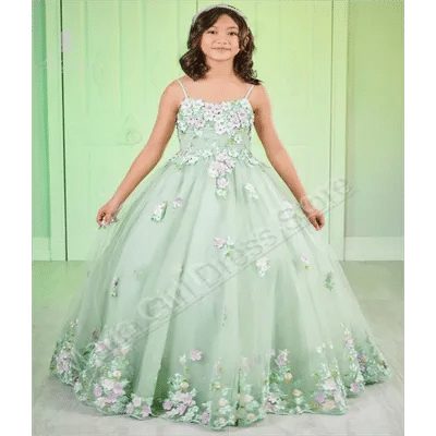 Robe à fleurs vert sauge pour filles, bretelles Spaghetti moelleuses, décalcomanie de décoration, robe de Communion pour enfants, photographie de mariage et d'anniversaire