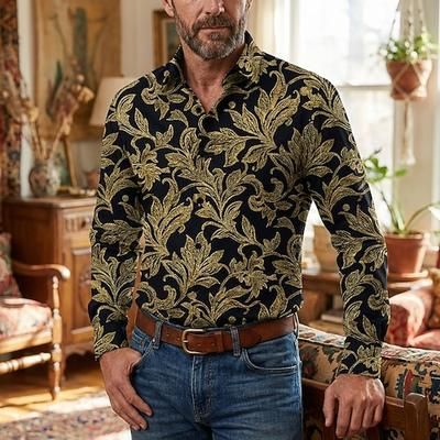 Retrò Vintage Anni '70 Camicia Camicia Aloha Lunghe Hippie Etnico Costume Per uomo Mascherata Festival Musicale Feste Abbigliamento quotidiano Adulti Camicia