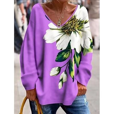 Per donna Maglietta Stampato Floreale Grafico Piante Elegante Moda Classico Manica Lunga Scollo a V Top Regolari Quotidiano Weekend Bianco Giallo Viola Primavera Autunno